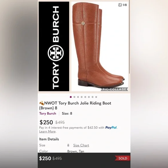 Tory Burch ‘Jolie’ Tall Luxury Riding Boots Pebbled Leather Womens 8.5 Tan Brown